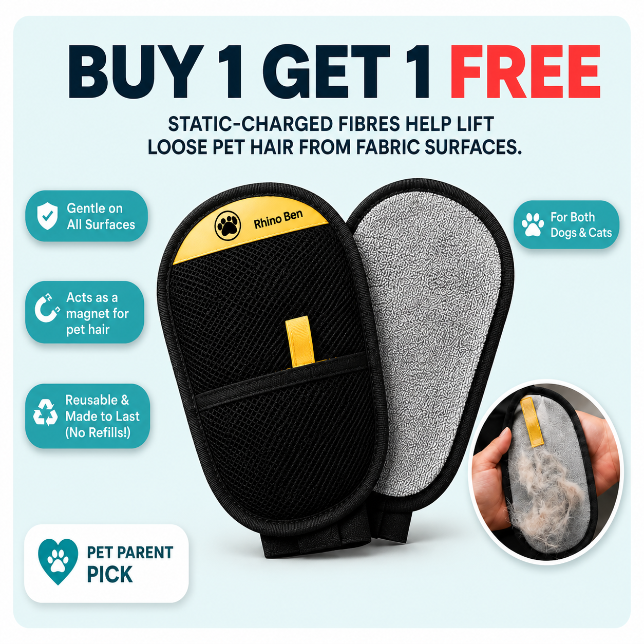 Pet Hair Remover Brushing Gloves - Buy 1 Get 1 Free